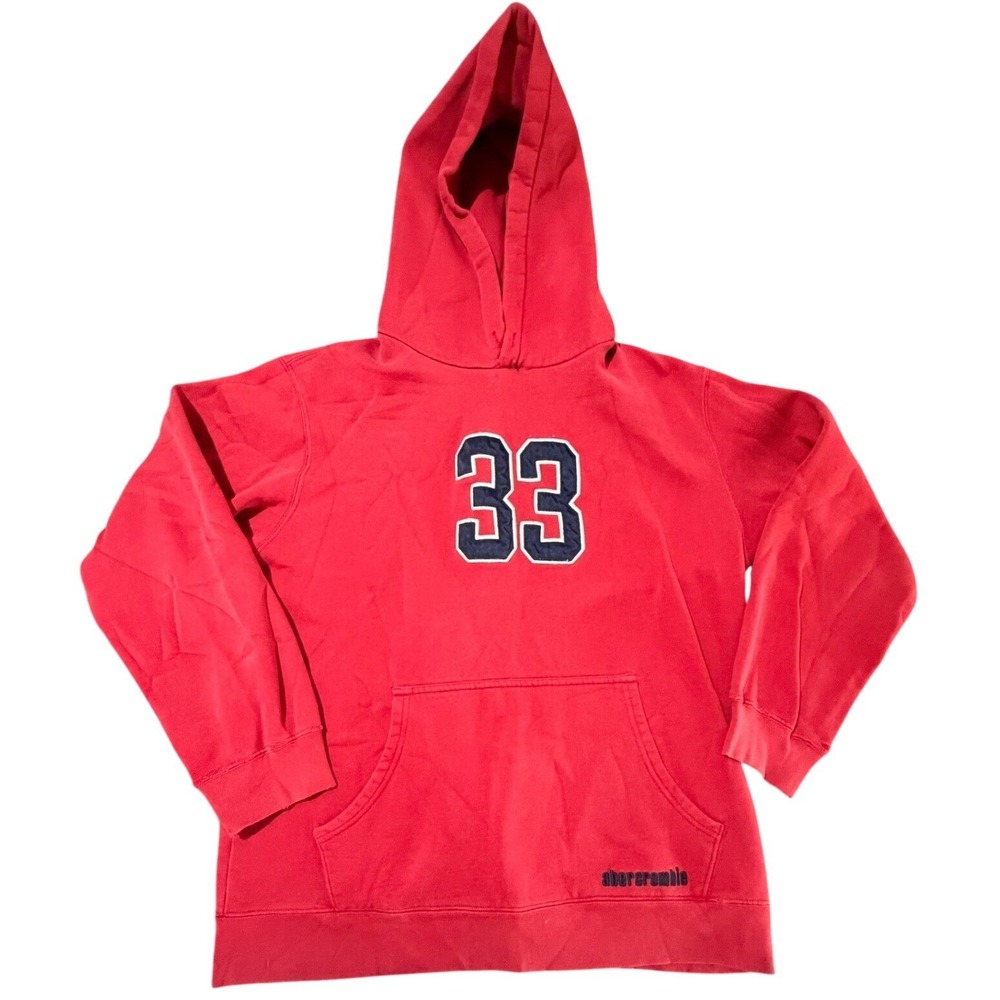 Abercrombie Red Pullover Hoodie Sweatshirt 33 Applique Vintage Style Womens XL